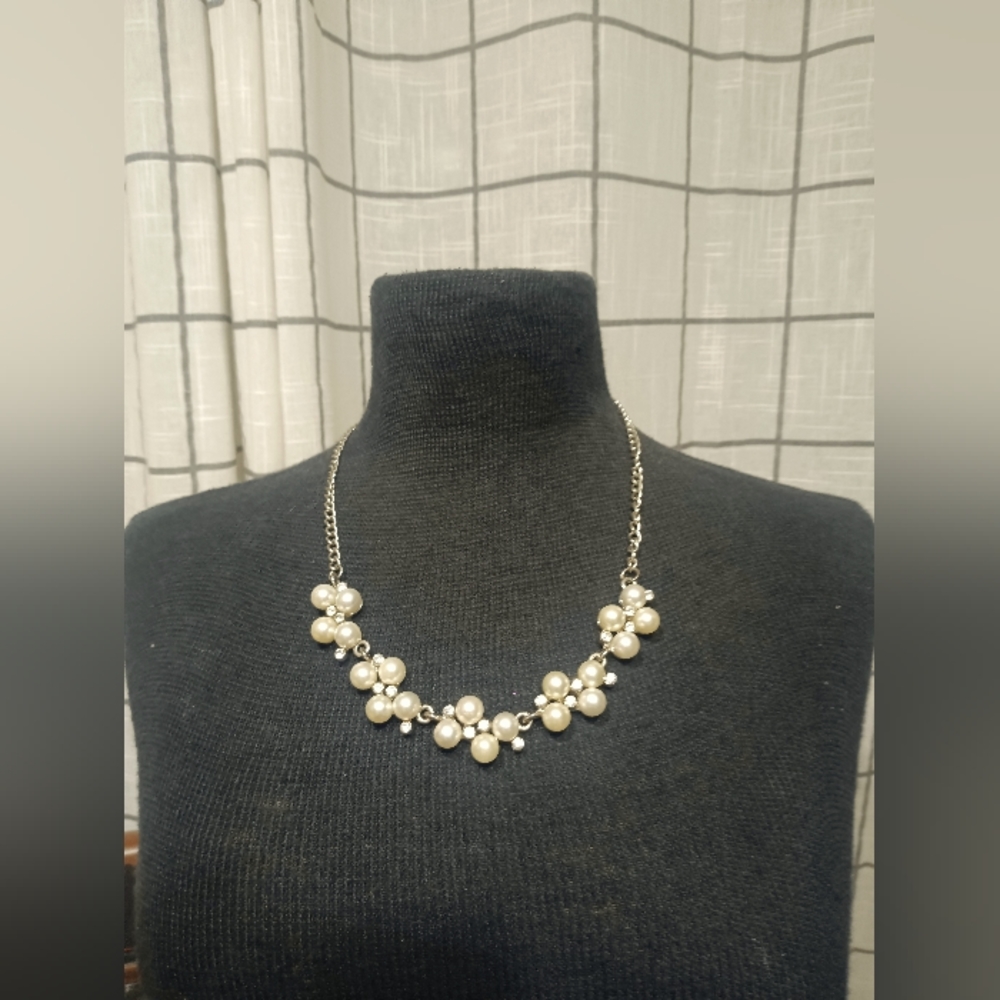 Necklaces White Faux Pearl Necklace With Clear Rhinstone Crystals 21 inch. NWT
